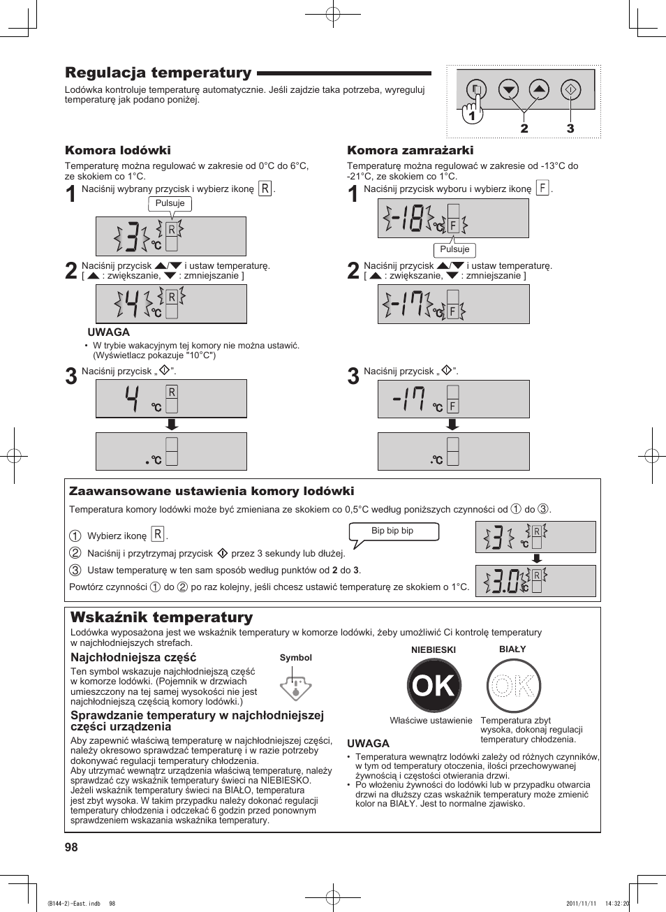 Regulacja temperatury, Wskaźnik temperatury | Sharp SJ-WP320TBE User Manual | Page 98 / 224