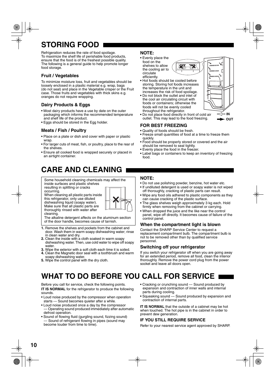 Storing food, Care and cleaning, What to do before you call for service | Sharp SJ-F78PESL User Manual | Page 10 / 156