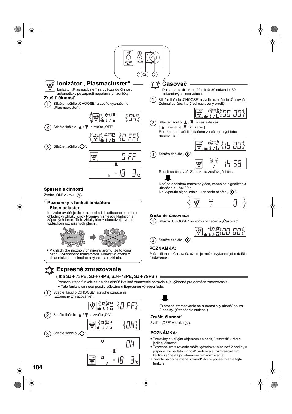 Ionizátor „plasmacluster, Časovač, Expresné zmrazovanie | Sharp SJ-F78PESL User Manual | Page 104 / 156