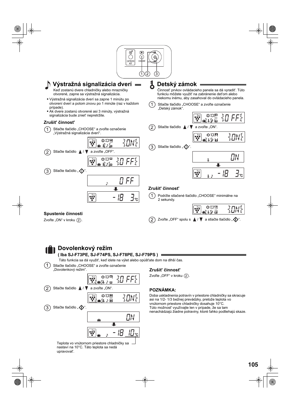 Výstražná signalizácia dverí, Detský zámok, Dovolenkový režim | Sharp SJ-F78PESL User Manual | Page 105 / 156