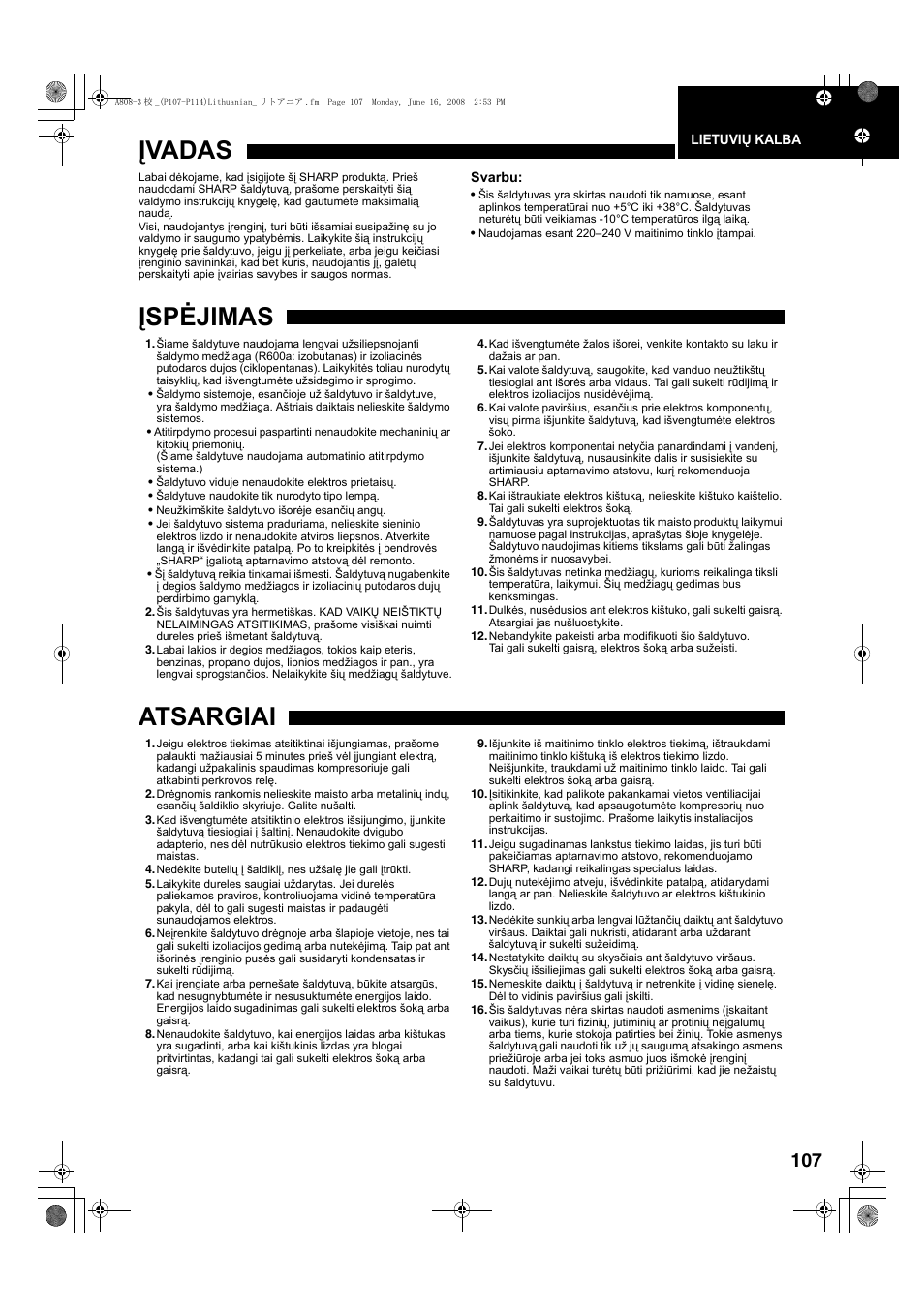 Įvadas, Įspėjimas, Atsargiai | Sharp SJ-F78PESL User Manual | Page 107 / 156