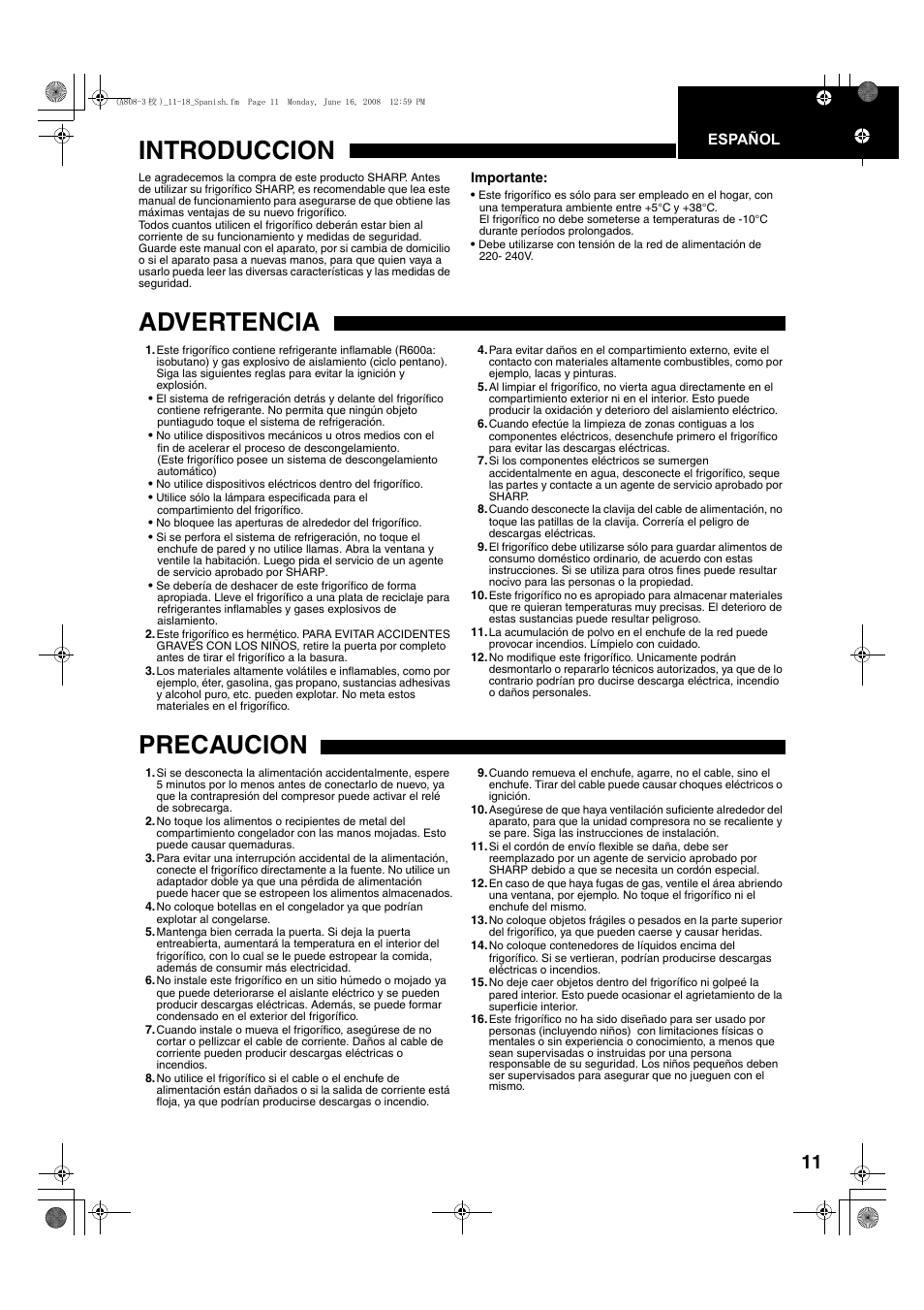 Introduccion, Advertencia, Precaucion | Sharp SJ-F78PESL User Manual | Page 11 / 156