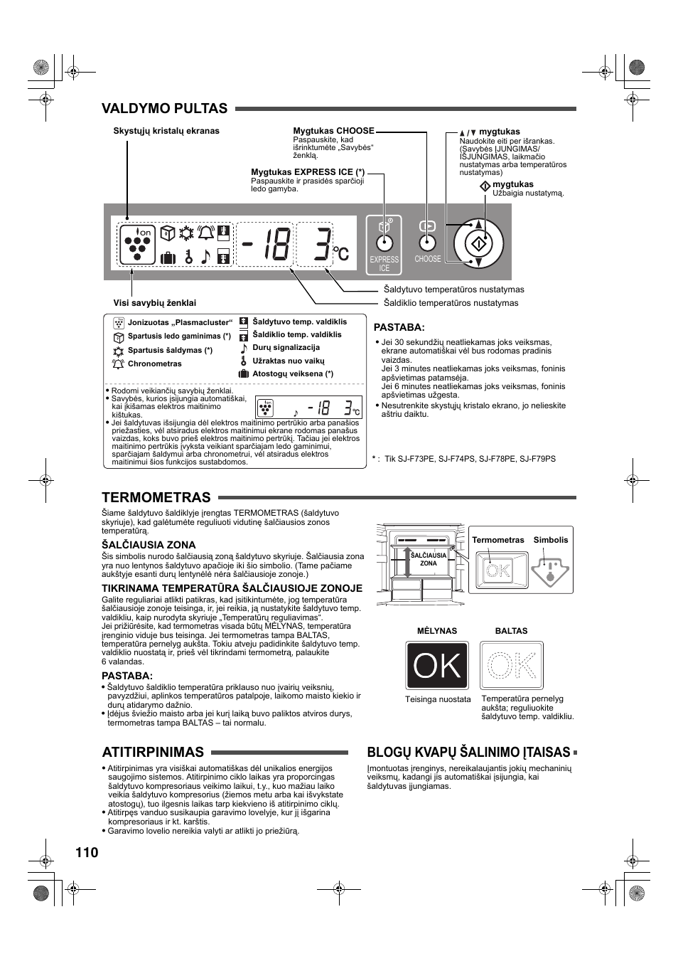 110 valdymo pultas termometras, Atitirpinimas, Blogų kvapų šalinimo įtaisas | Sharp SJ-F78PESL User Manual | Page 110 / 156