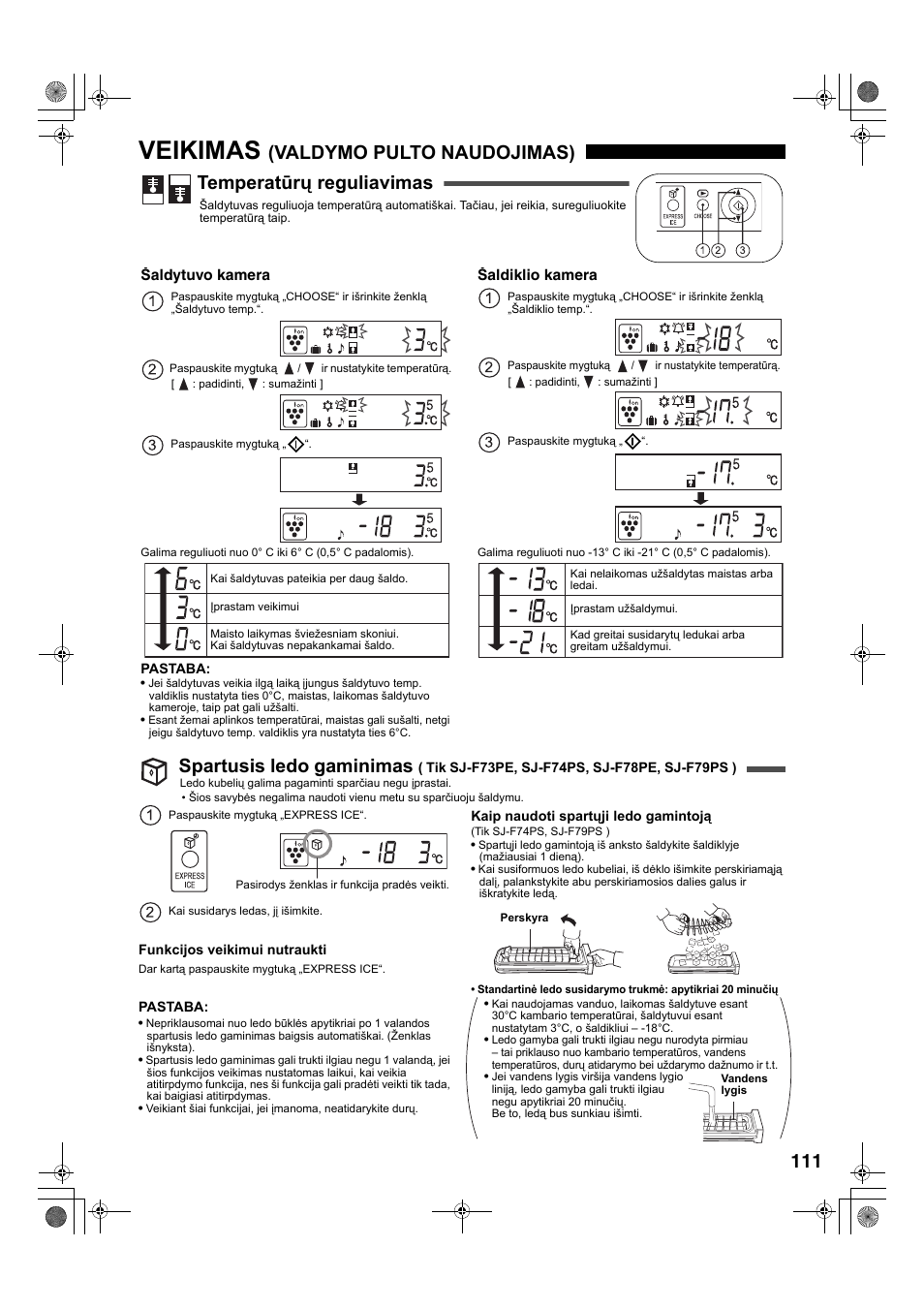 Veikimas, Valdymo pulto naudojimas) temperatūrų reguliavimas, Spartusis ledo gaminimas | Sharp SJ-F78PESL User Manual | Page 111 / 156