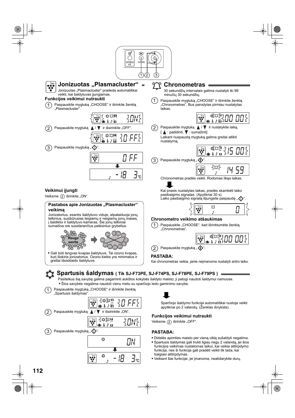 Jonizuotas „plasmacluster, Chronometras, Spartusis šaldymas | Sharp SJ-F78PESL User Manual | Page 112 / 156