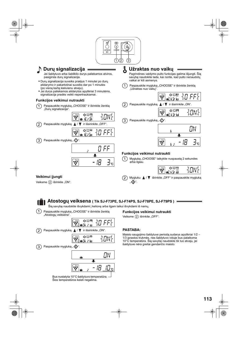 Durų signalizacija, Užraktas nuo vaikų, Atostogų veiksena | Sharp SJ-F78PESL User Manual | Page 113 / 156