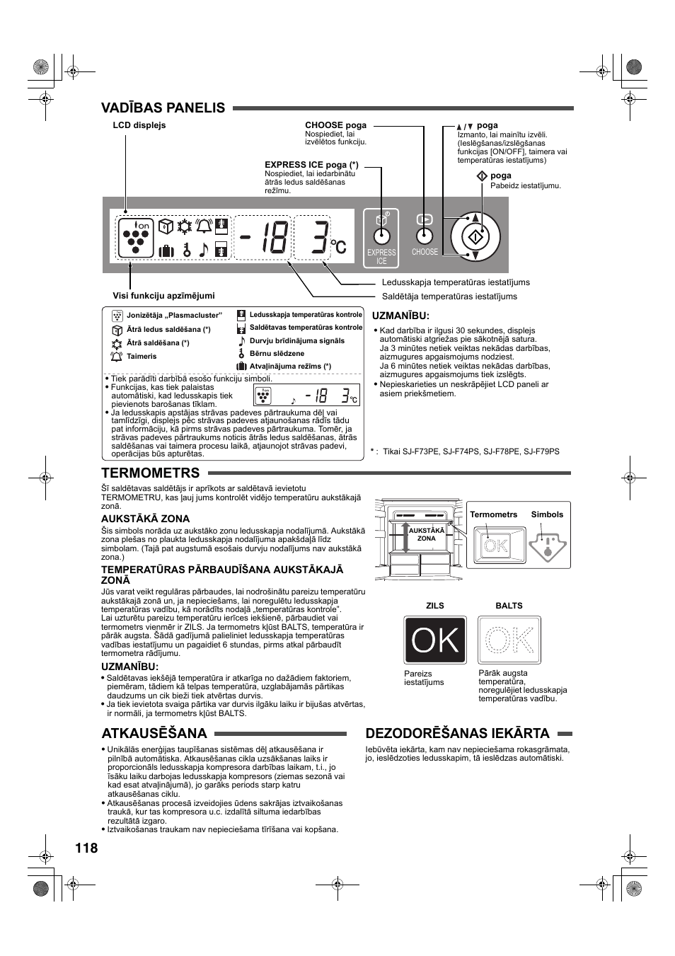 118 vadības panelis termometrs, Atkausēšana, Dezodorēšanas iekārta | Sharp SJ-F78PESL User Manual | Page 118 / 156
