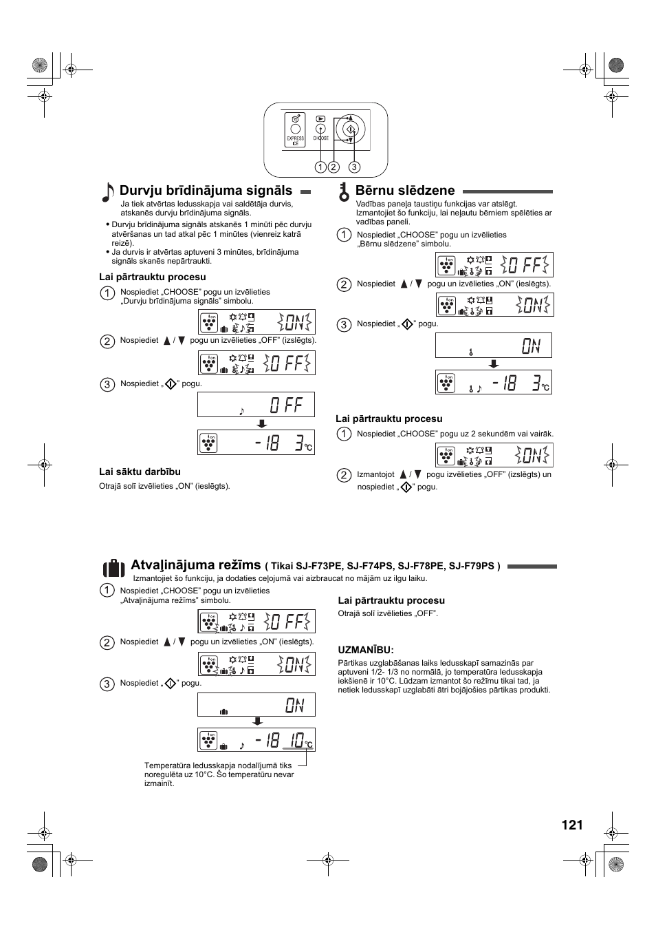 Durvju brīdinājuma signāls, Bērnu slēdzene, Atvaļinājuma režīms | Sharp SJ-F78PESL User Manual | Page 121 / 156