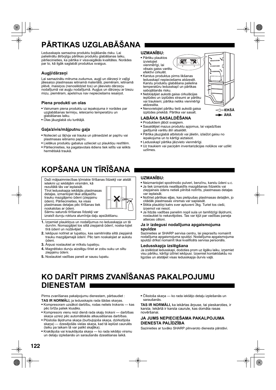 Pārtikas uzglabāšana, Kopšana un tīrīšana, Ko darīt pirms zvanīšanas pakalpojumu dienestam | Sharp SJ-F78PESL User Manual | Page 122 / 156