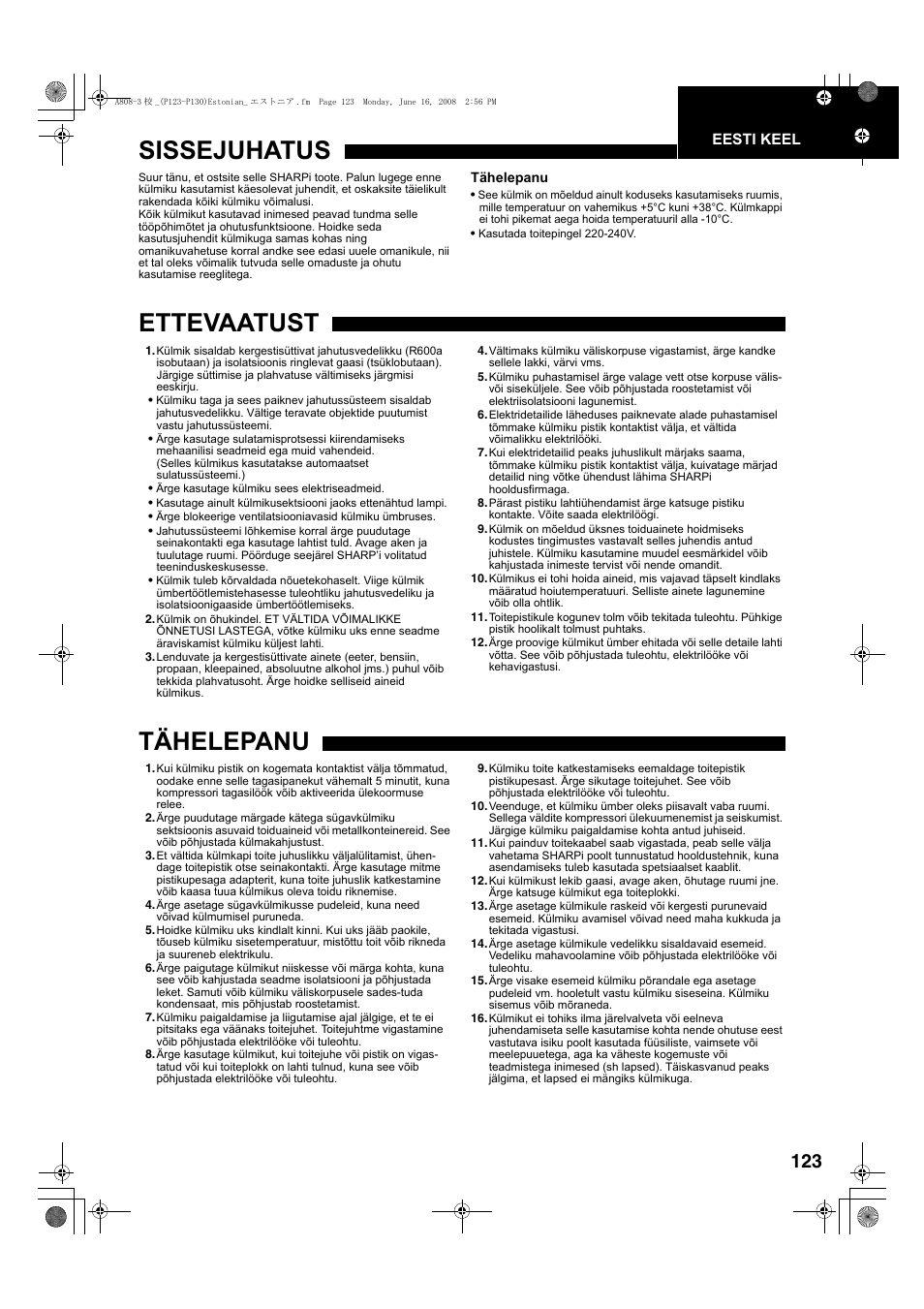 Sissejuhatus, Ettevaatust, Tähelepanu | Sharp SJ-F78PESL User Manual | Page 123 / 156