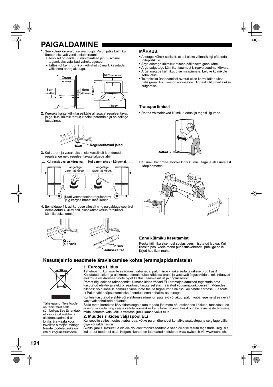 Paigaldamine | Sharp SJ-F78PESL User Manual | Page 124 / 156