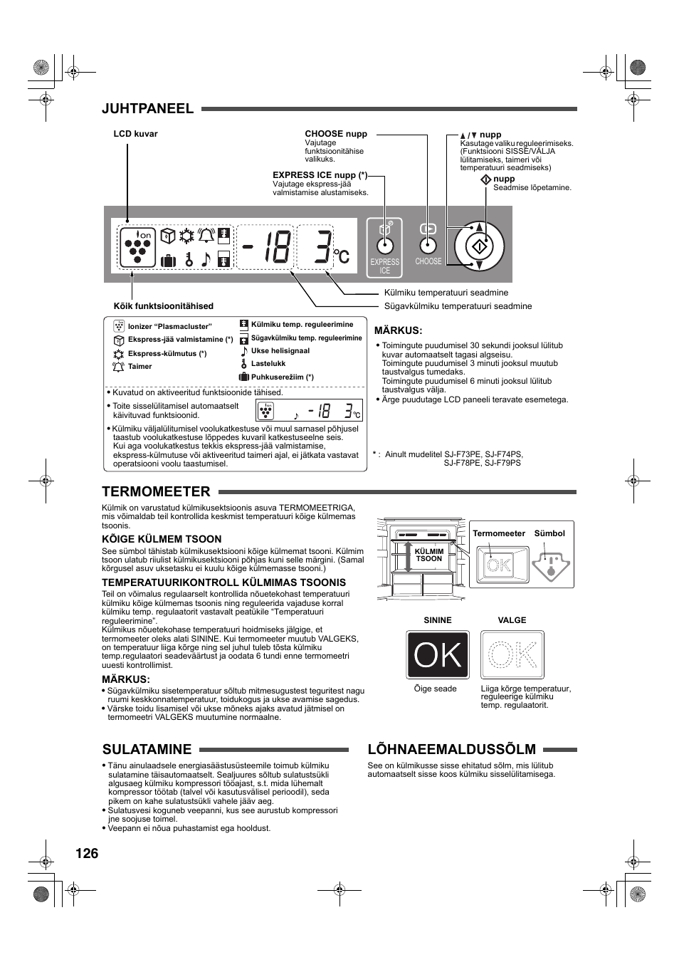 126 juhtpaneel termomeeter, Sulatamine, Lõhnaeemaldussõlm | Sharp SJ-F78PESL User Manual | Page 126 / 156