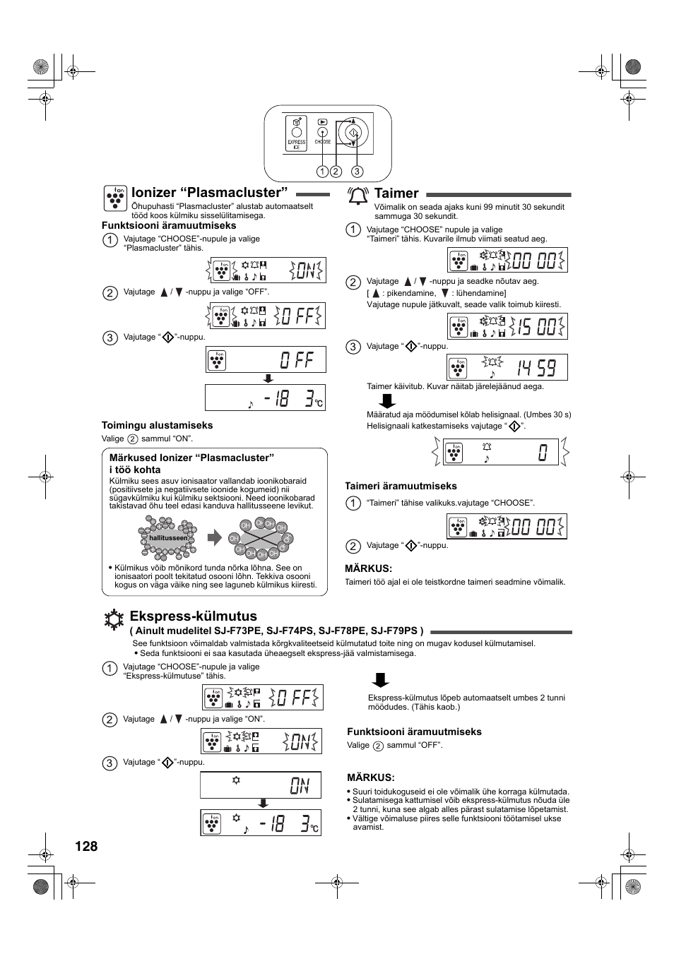 Ionizer “plasmacluster, Taimer, Ekspress-külmutus | Sharp SJ-F78PESL User Manual | Page 128 / 156