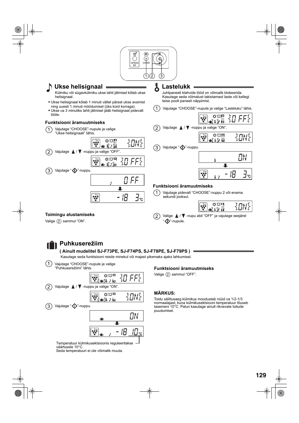 Ukse helisignaal, Lastelukk, Puhkuserežiim | Sharp SJ-F78PESL User Manual | Page 129 / 156