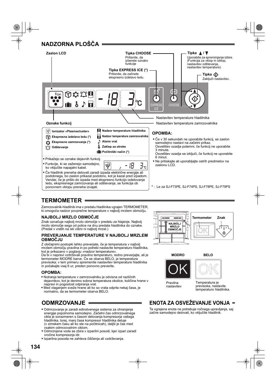 134 nadzorna plošča termometer, Odmrzovanje, Enota za osveževanje vonja | Sharp SJ-F78PESL User Manual | Page 134 / 156