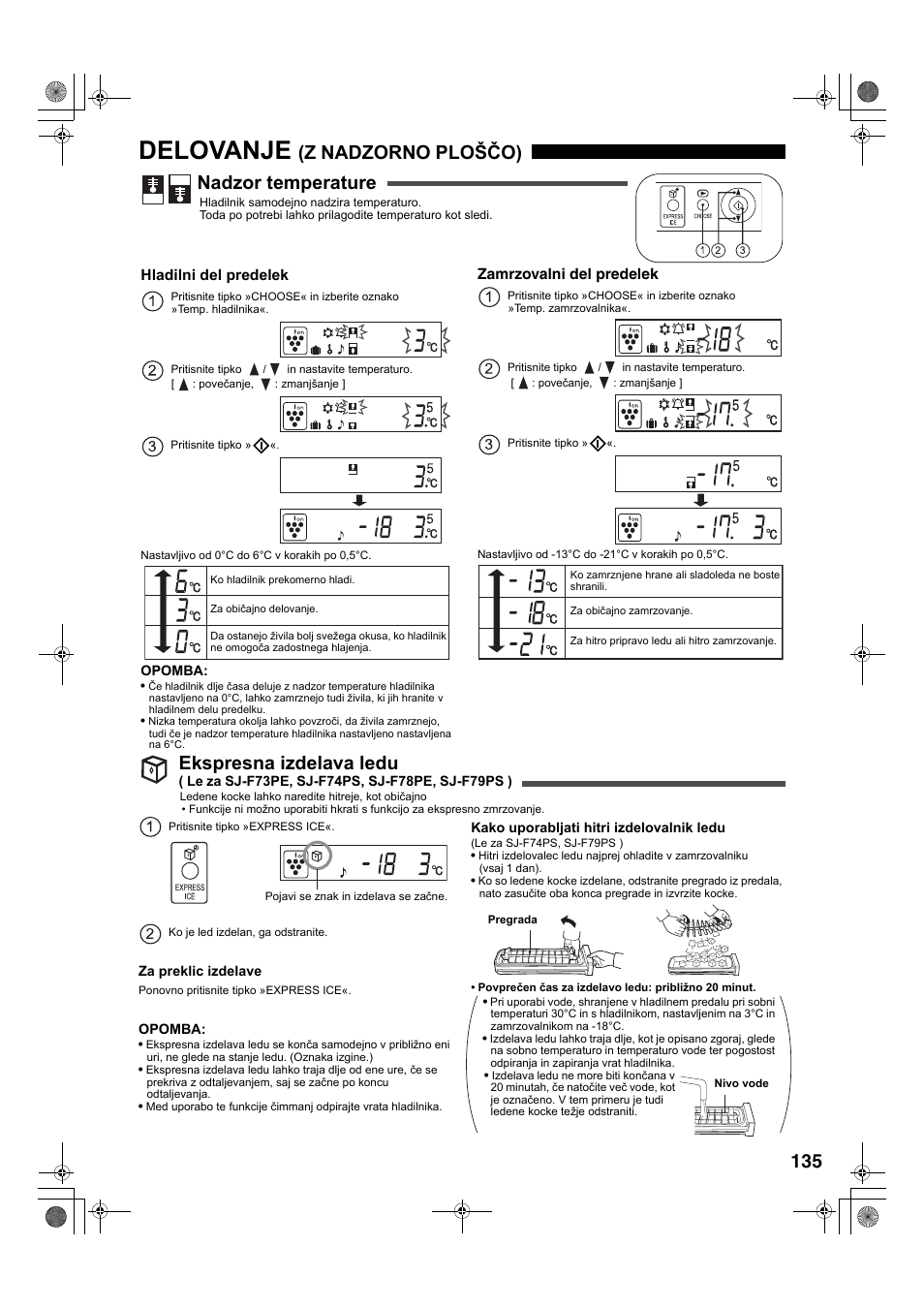 Delovanje, Z nadzorno ploščo) nadzor temperature, Ekspresna izdelava ledu | Sharp SJ-F78PESL User Manual | Page 135 / 156