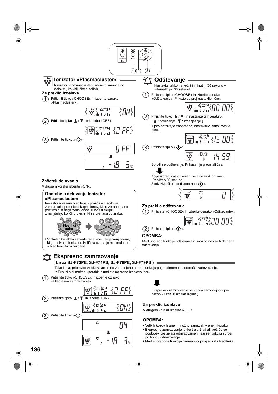 Odštevanje, Ekspresno zamrzovanje, Ionizator »plasmacluster | Sharp SJ-F78PESL User Manual | Page 136 / 156