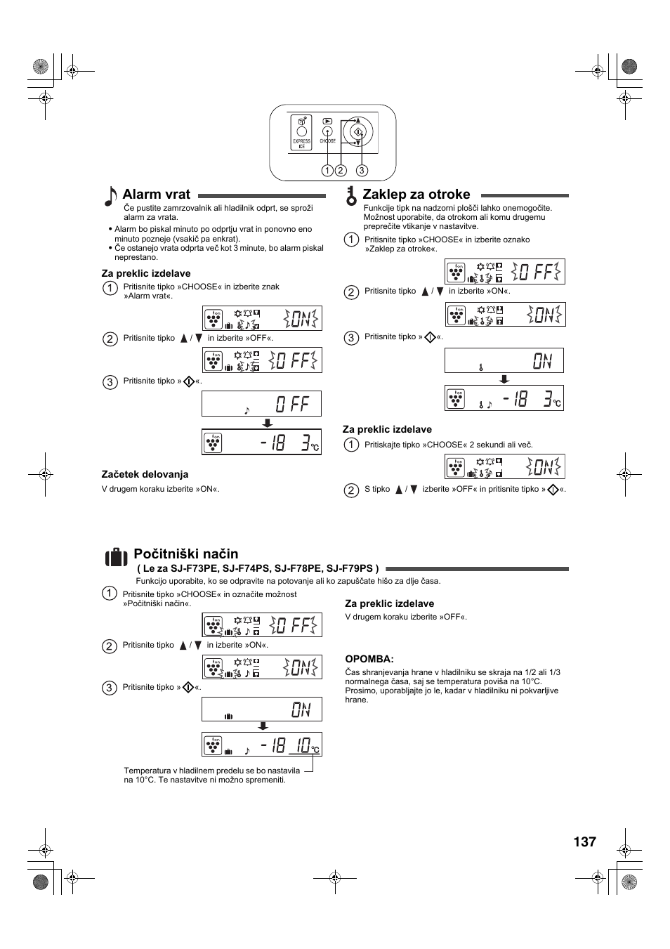 Alarm vrat, Zaklep za otroke, Počitniški način | Sharp SJ-F78PESL User Manual | Page 137 / 156