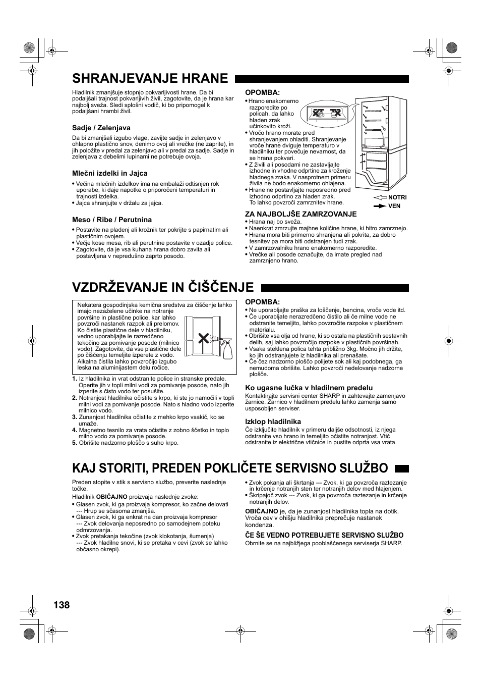 Shranjevanje hrane, Vzdrževanje in čiščenje, Kaj storiti, preden pokličete servisno službo | Sharp SJ-F78PESL User Manual | Page 138 / 156