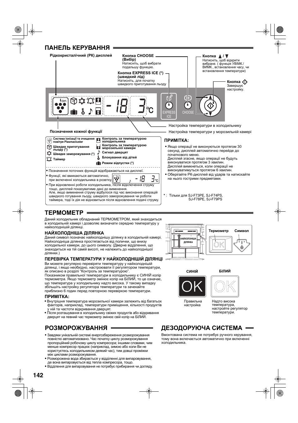 142 панель керування термометр, Розморожування, Дезодоруюча система | Sharp SJ-F78PESL User Manual | Page 142 / 156