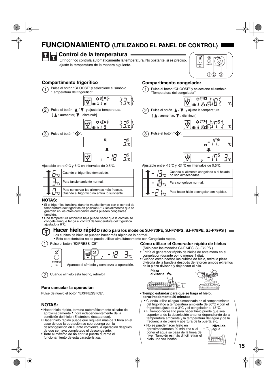 Funcionamiento, Hacer hielo rápido | Sharp SJ-F78PESL User Manual | Page 15 / 156