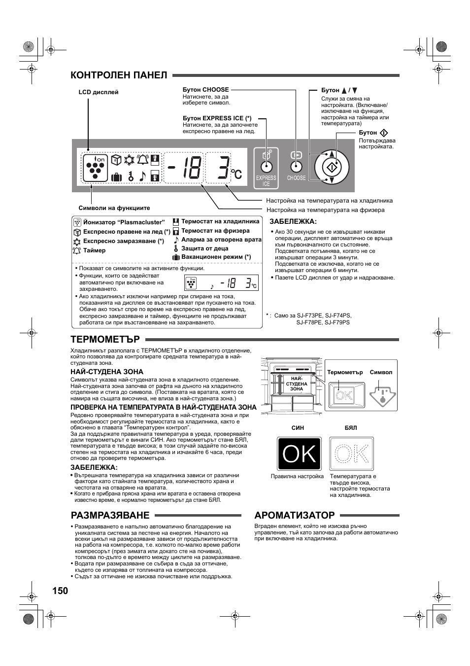 150 контролен панел термометър, Размразяване, Ароматизатор | Sharp SJ-F78PESL User Manual | Page 150 / 156