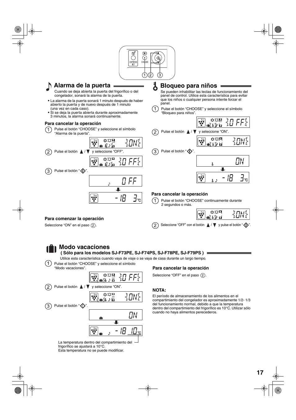 Alarma de la puerta, Bloqueo para niños, Modo vacaciones | Sharp SJ-F78PESL User Manual | Page 17 / 156