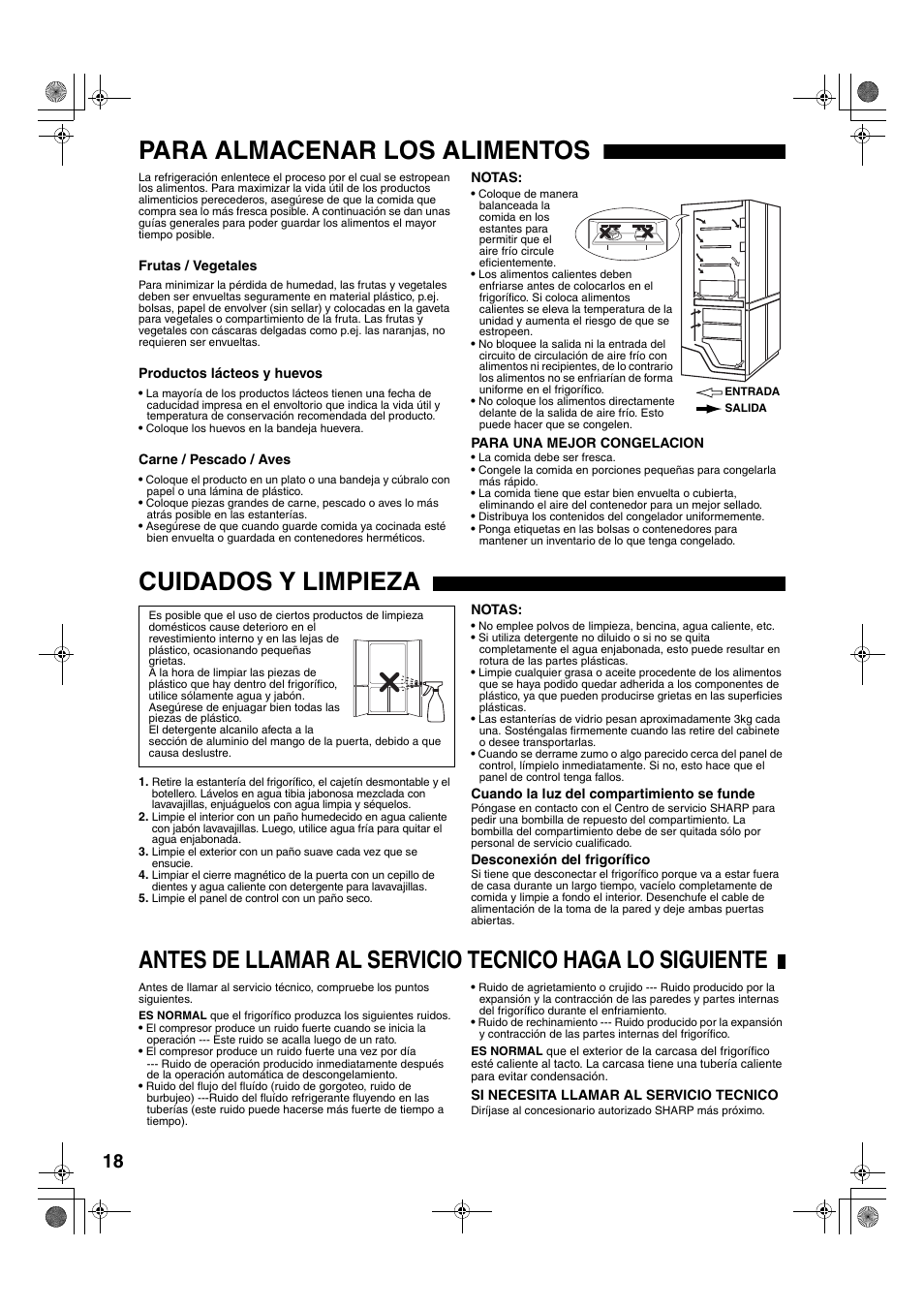 Para almacenar los alimentos, Cuidados y limpieza | Sharp SJ-F78PESL User Manual | Page 18 / 156