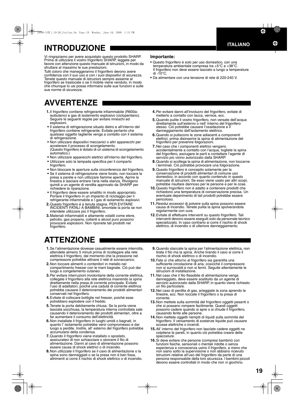 Introduzione, Avvertenze, Attenzione | Sharp SJ-F78PESL User Manual | Page 19 / 156