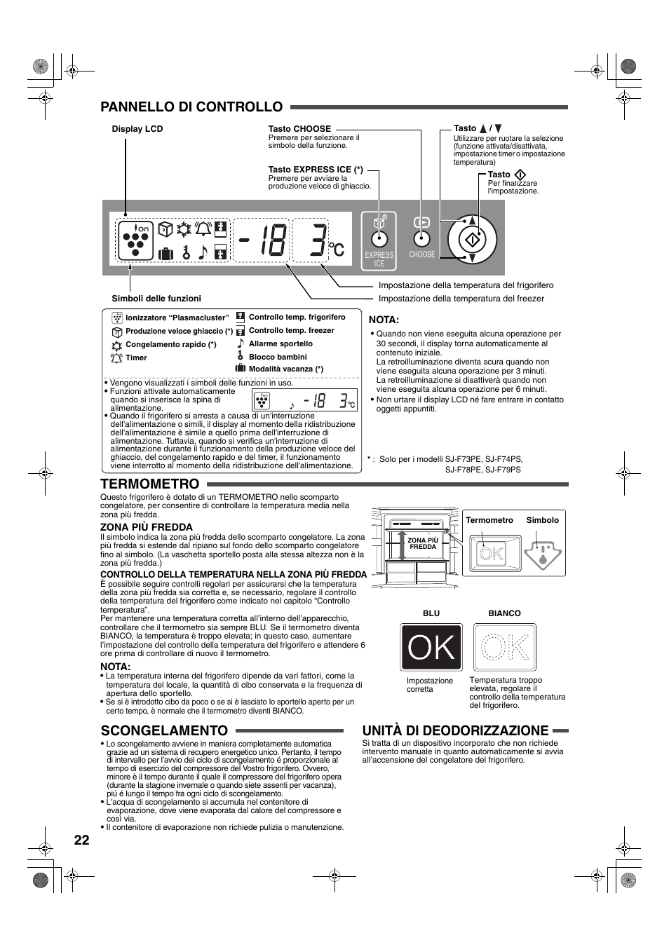 22 pannello di controllo termometro, Scongelamento, Unità di deodorizzazione | Sharp SJ-F78PESL User Manual | Page 22 / 156