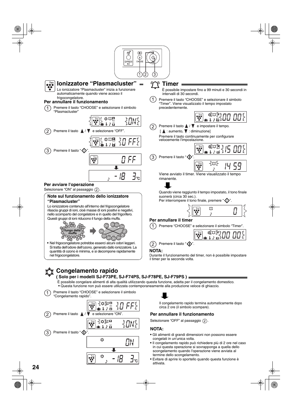 Ionizzatore “plasmacluster, Timer, Congelamento rapido | Sharp SJ-F78PESL User Manual | Page 24 / 156