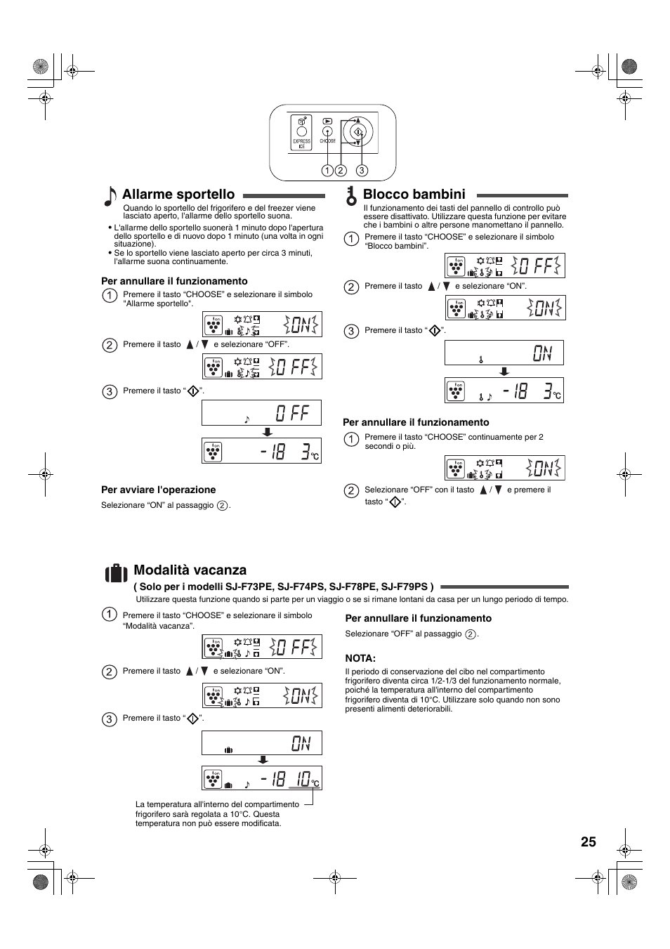 Allarme sportello, Blocco bambini, Modalità vacanza | Sharp SJ-F78PESL User Manual | Page 25 / 156
