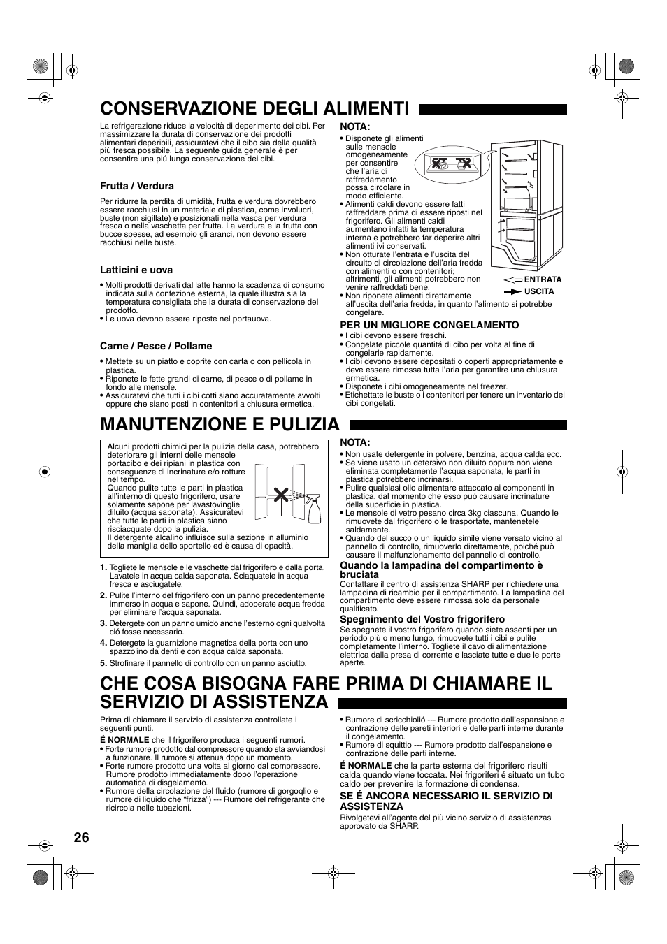 Conservazione degli alimenti, Manutenzione e pulizia | Sharp SJ-F78PESL User Manual | Page 26 / 156
