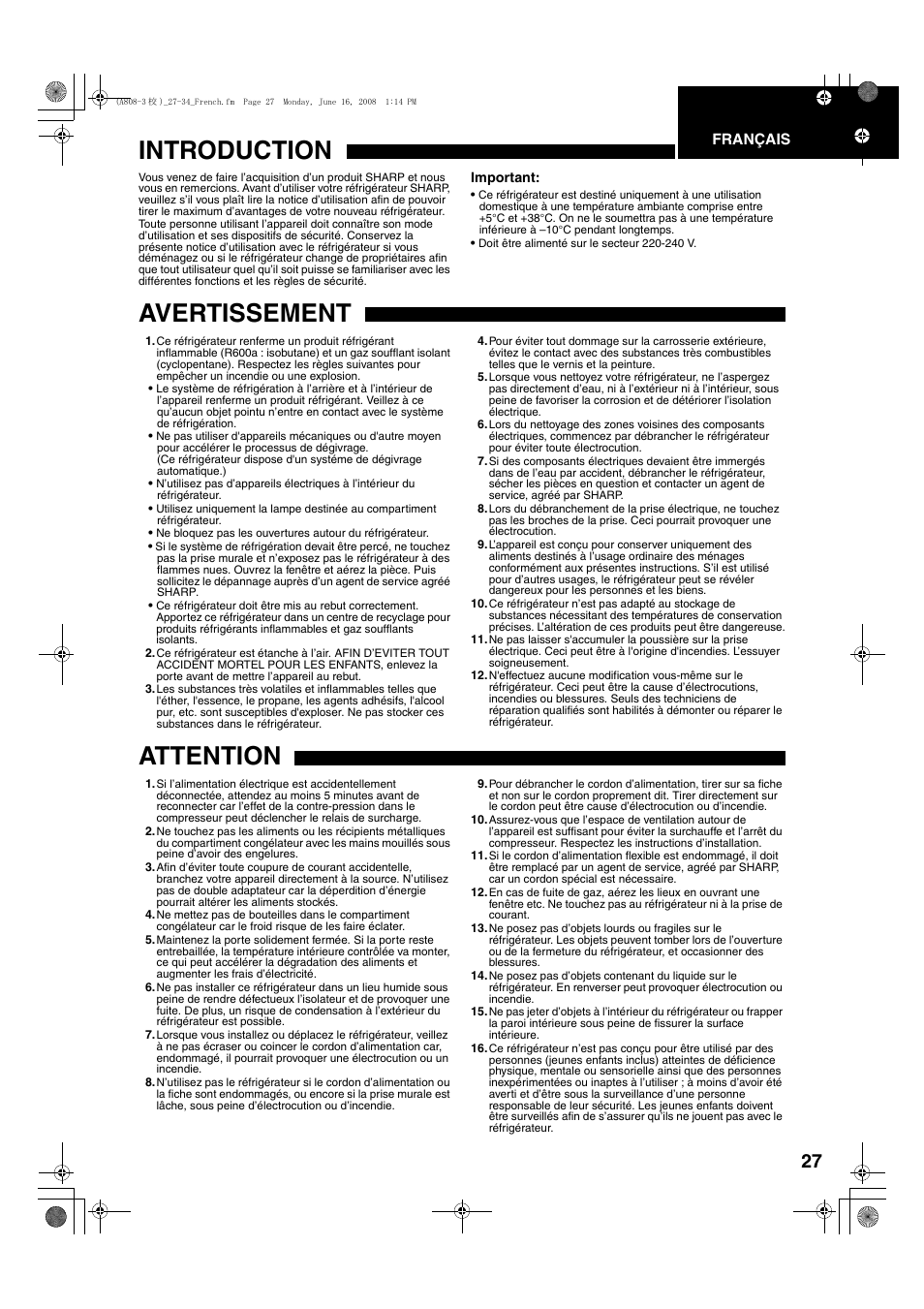 A808-4版)2_fra por gre, Introduction, Avertissement | Attention | Sharp SJ-F78PESL User Manual | Page 27 / 156