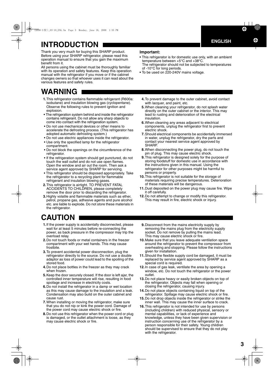 Introduction, Warning, Caution | Sharp SJ-F78PESL User Manual | Page 3 / 156