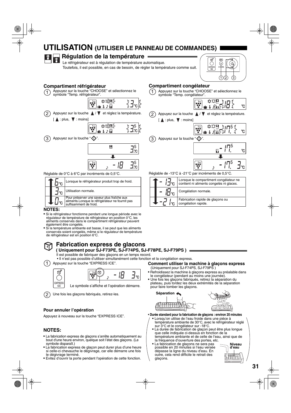 Utilisation, Fabrication express de glacons | Sharp SJ-F78PESL User Manual | Page 31 / 156