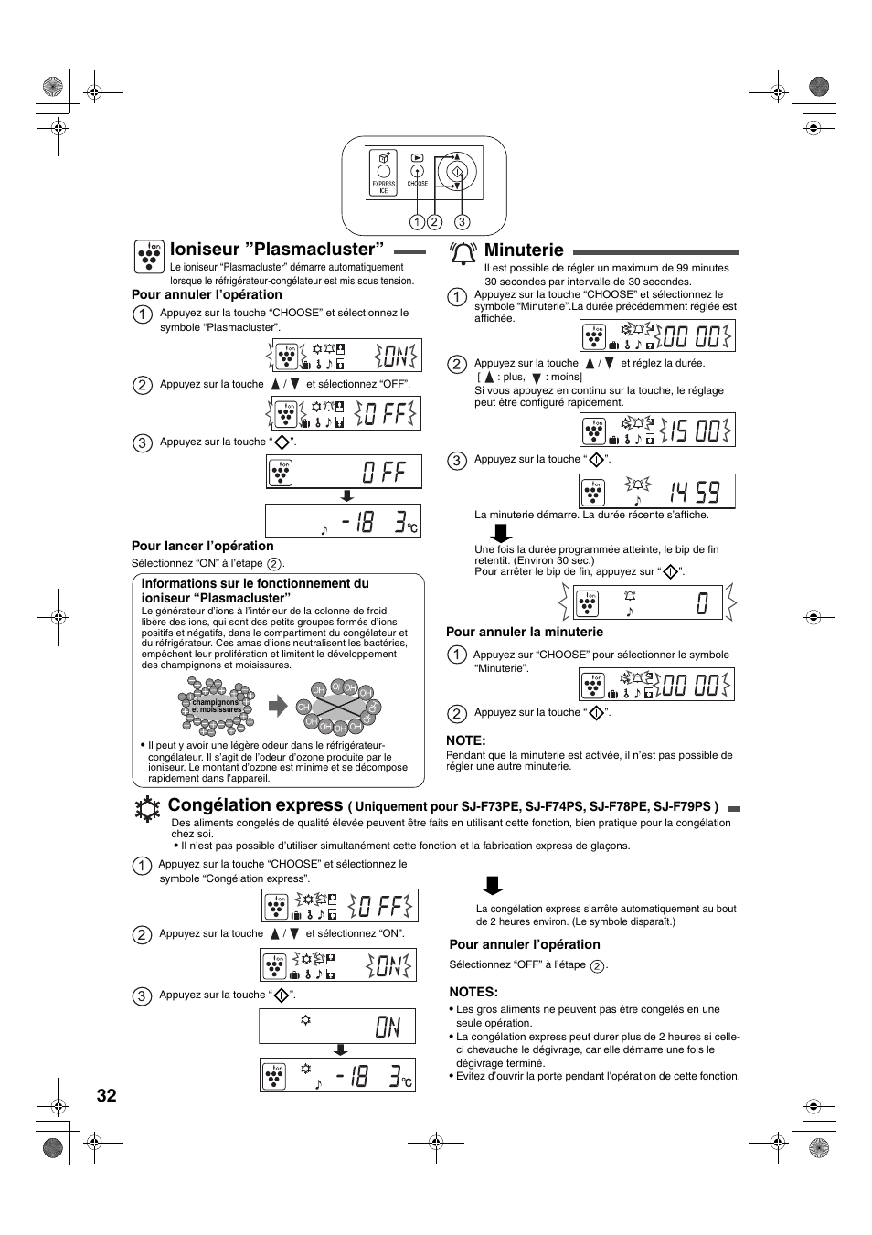 Ioniseur ”plasmacluster, Minuterie, Congélation express | Sharp SJ-F78PESL User Manual | Page 32 / 156