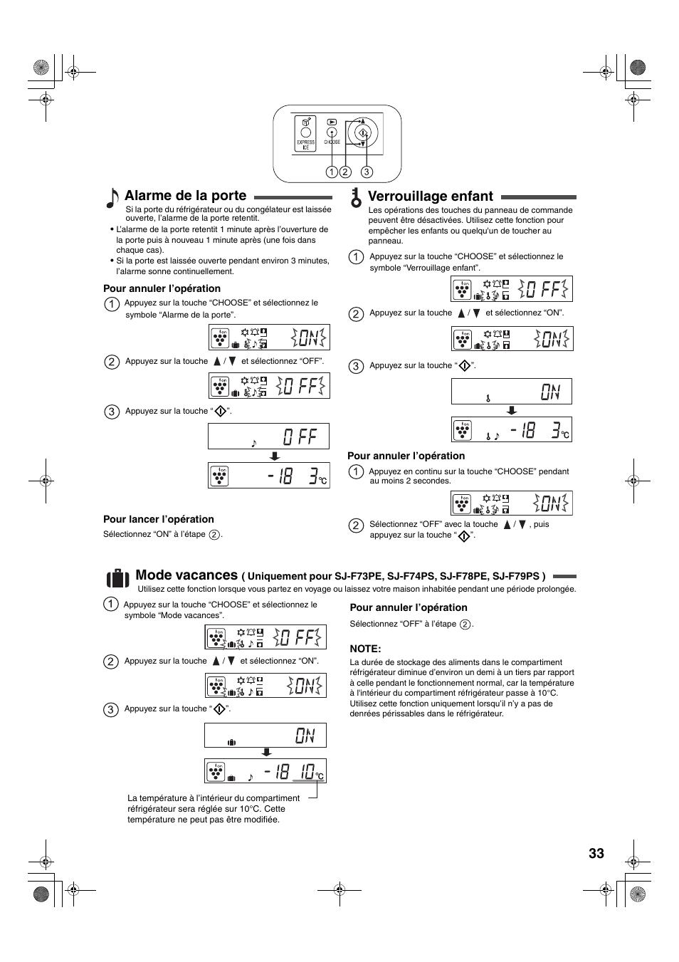 Alarme de la porte, Verrouillage enfant, Mode vacances | Sharp SJ-F78PESL User Manual | Page 33 / 156