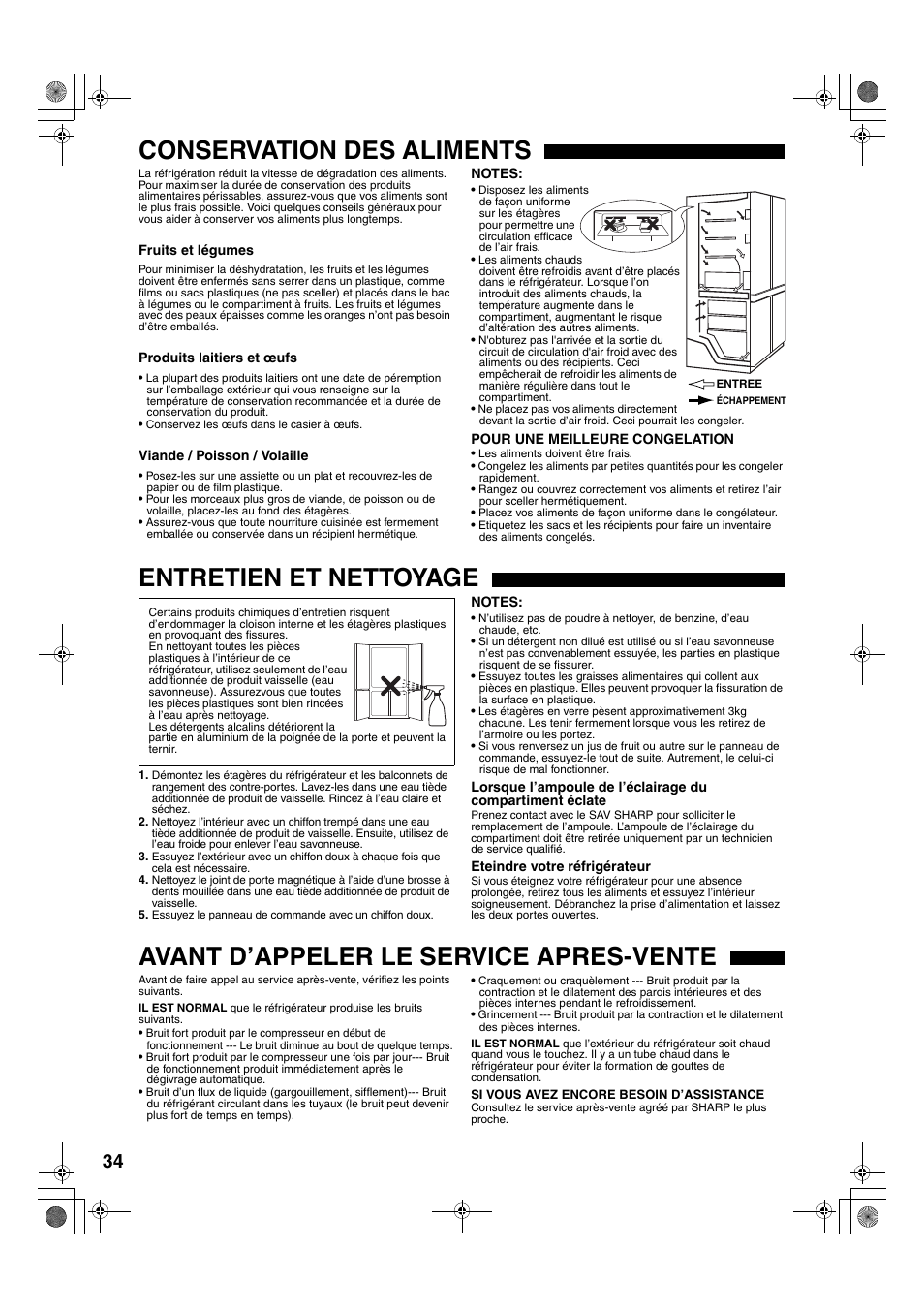 Conservation des aliments, Entretien et nettoyage, Avant d’appeler le service apres-vente | Sharp SJ-F78PESL User Manual | Page 34 / 156