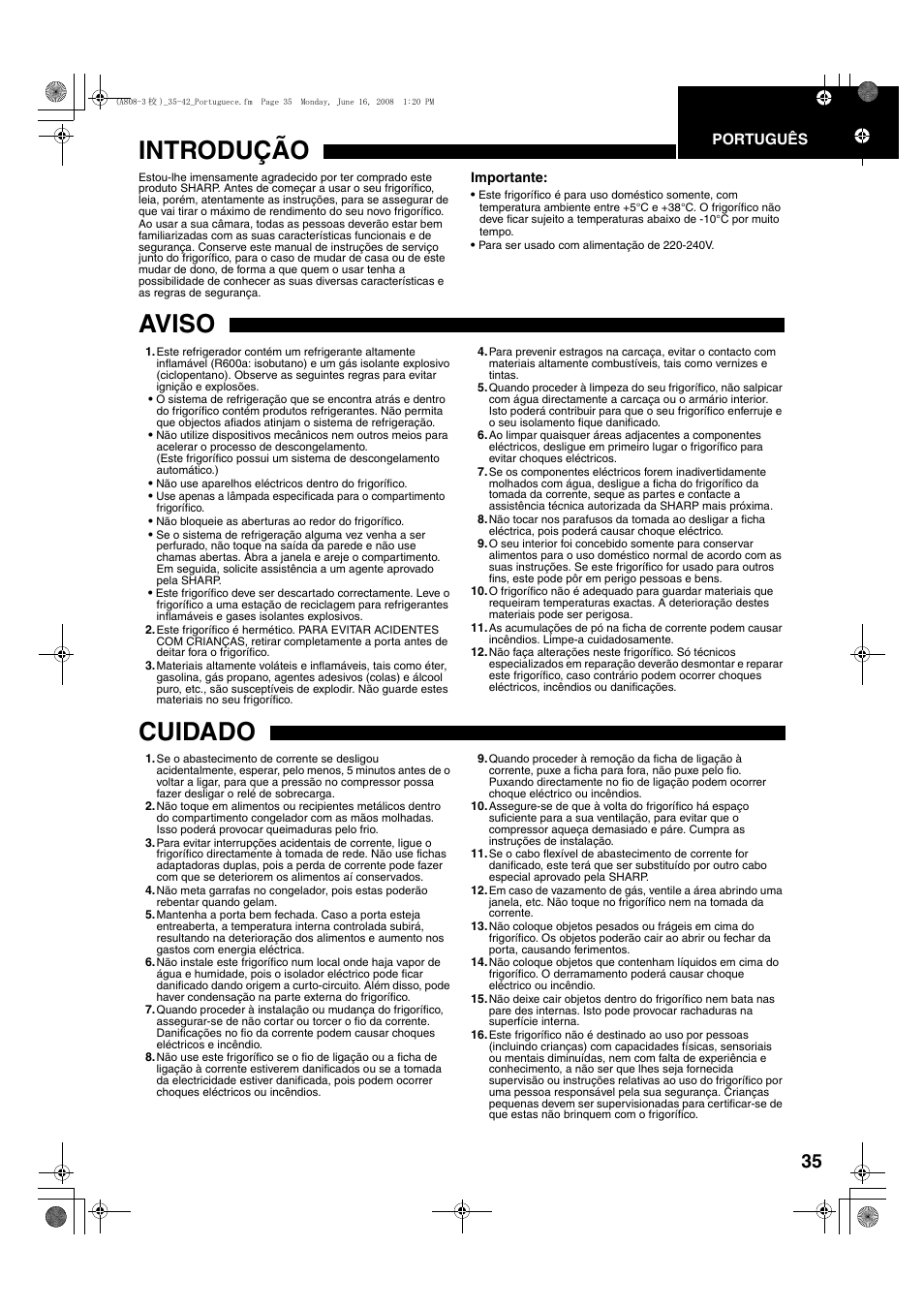 Introdução, Aviso, Cuidado | Sharp SJ-F78PESL User Manual | Page 35 / 156