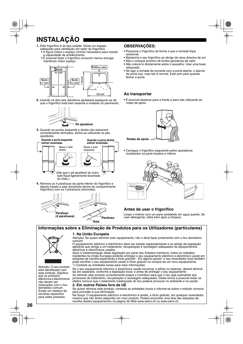 Instalação | Sharp SJ-F78PESL User Manual | Page 36 / 156