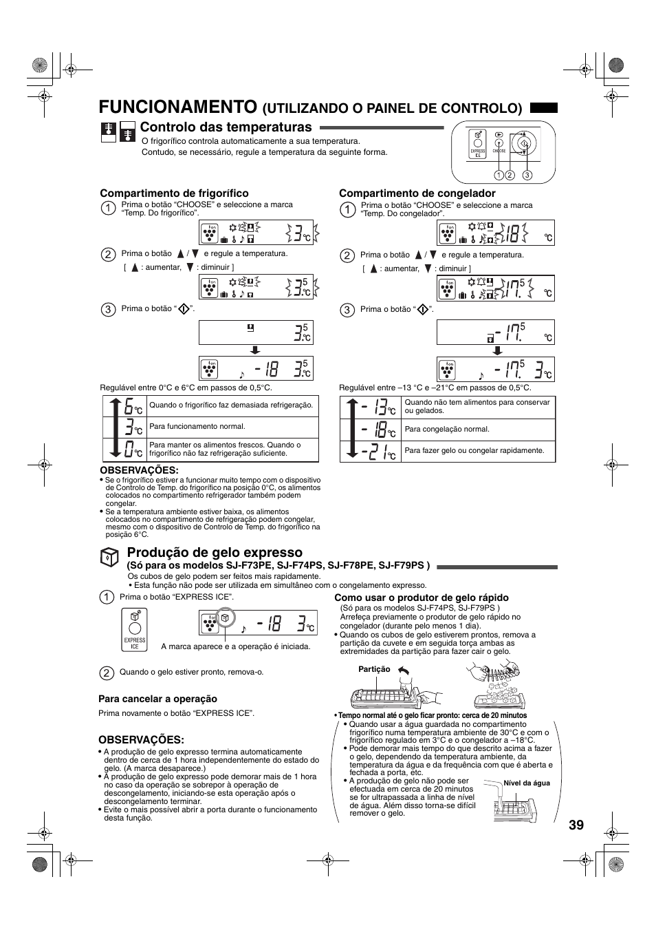 Funcionamento, Produção de gelo expresso | Sharp SJ-F78PESL User Manual | Page 39 / 156