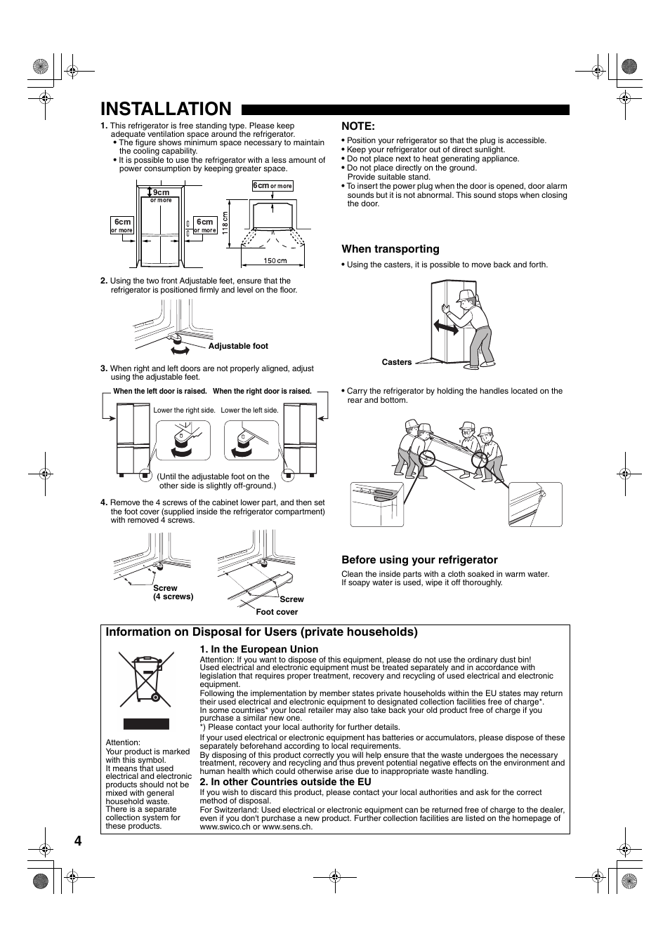 Installation | Sharp SJ-F78PESL User Manual | Page 4 / 156