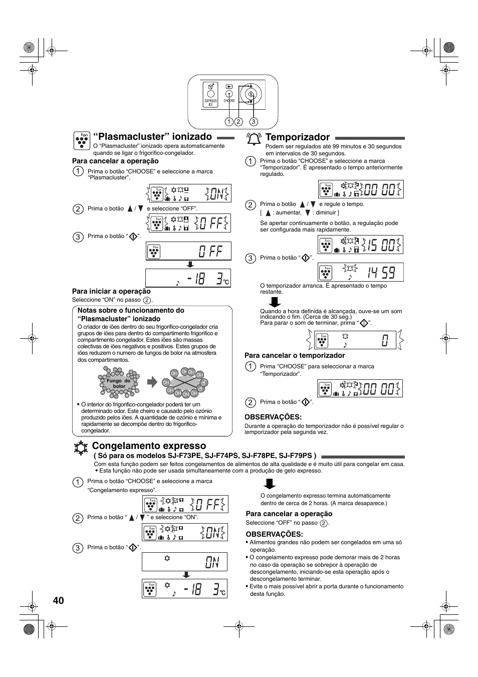 Plasmacluster” ionizado, Temporizador, Congelamento expresso | Sharp SJ-F78PESL User Manual | Page 40 / 156