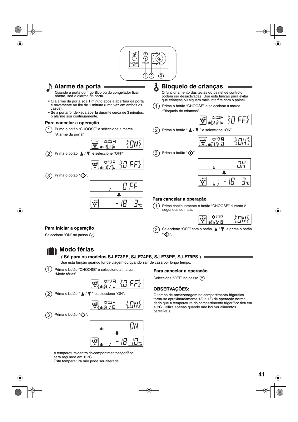Alarme da porta, Bloqueio de crianças, Modo férias | Sharp SJ-F78PESL User Manual | Page 41 / 156