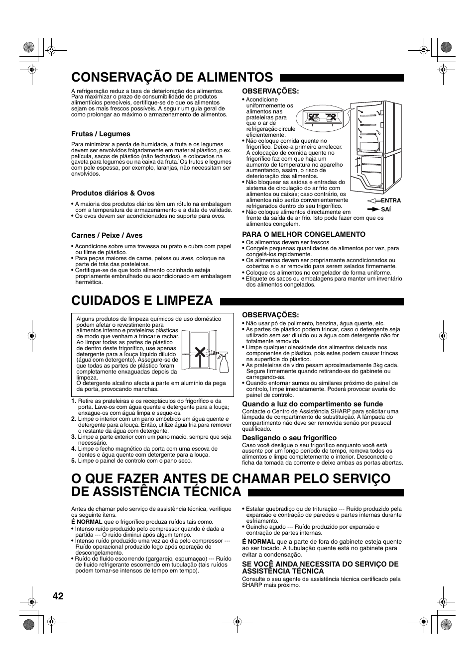 Conservação de alimentos, Cuidados e limpeza | Sharp SJ-F78PESL User Manual | Page 42 / 156