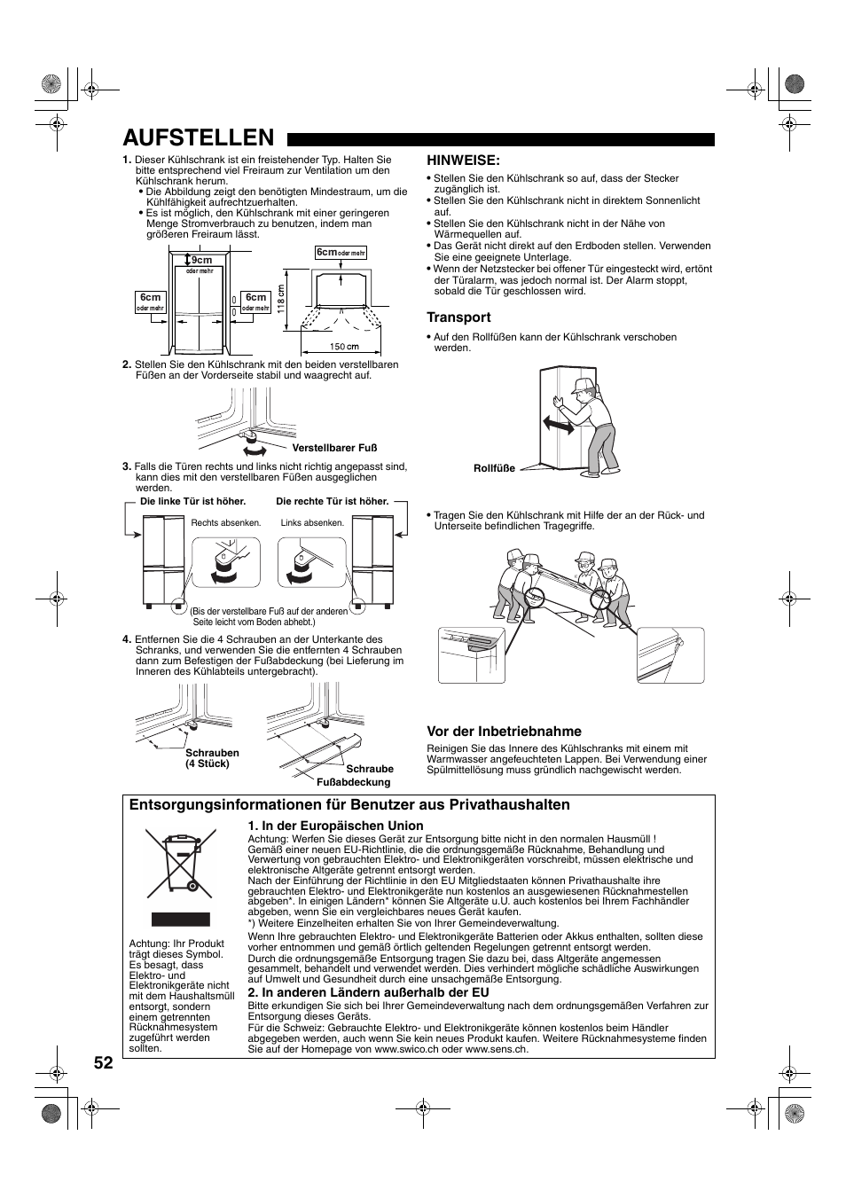 Aufstellen | Sharp SJ-F78PESL User Manual | Page 52 / 156