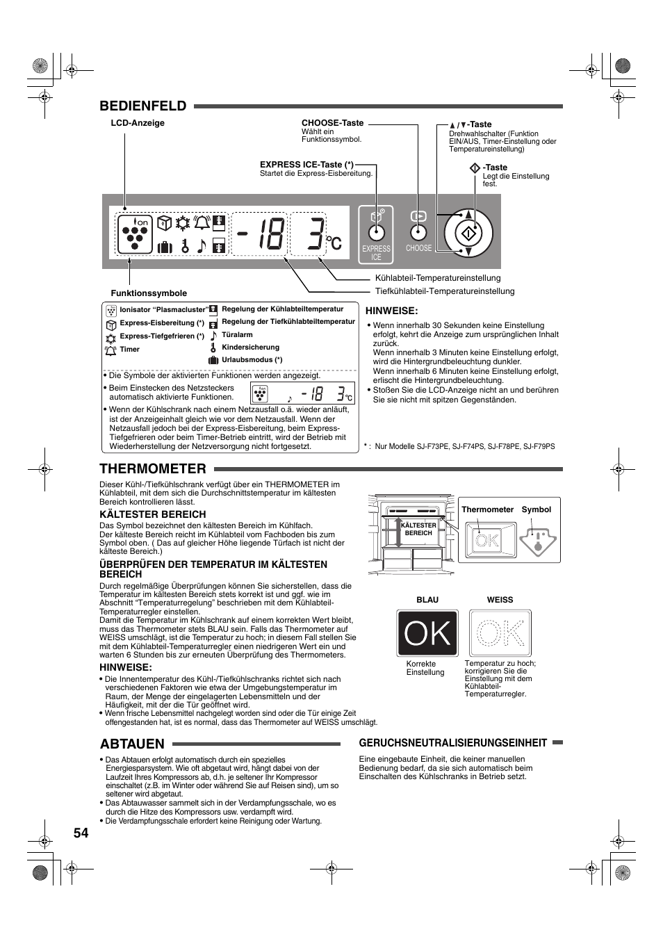 54 bedienfeld thermometer, Abtauen | Sharp SJ-F78PESL User Manual | Page 54 / 156