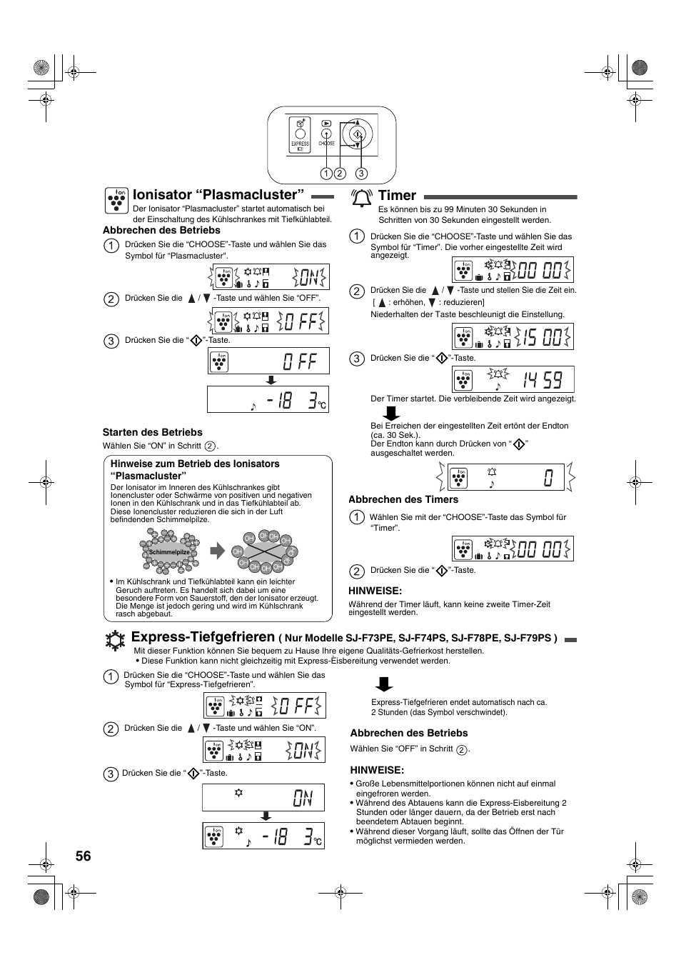 Ionisator “plasmacluster, Timer, Express-tiefgefrieren | Sharp SJ-F78PESL User Manual | Page 56 / 156
