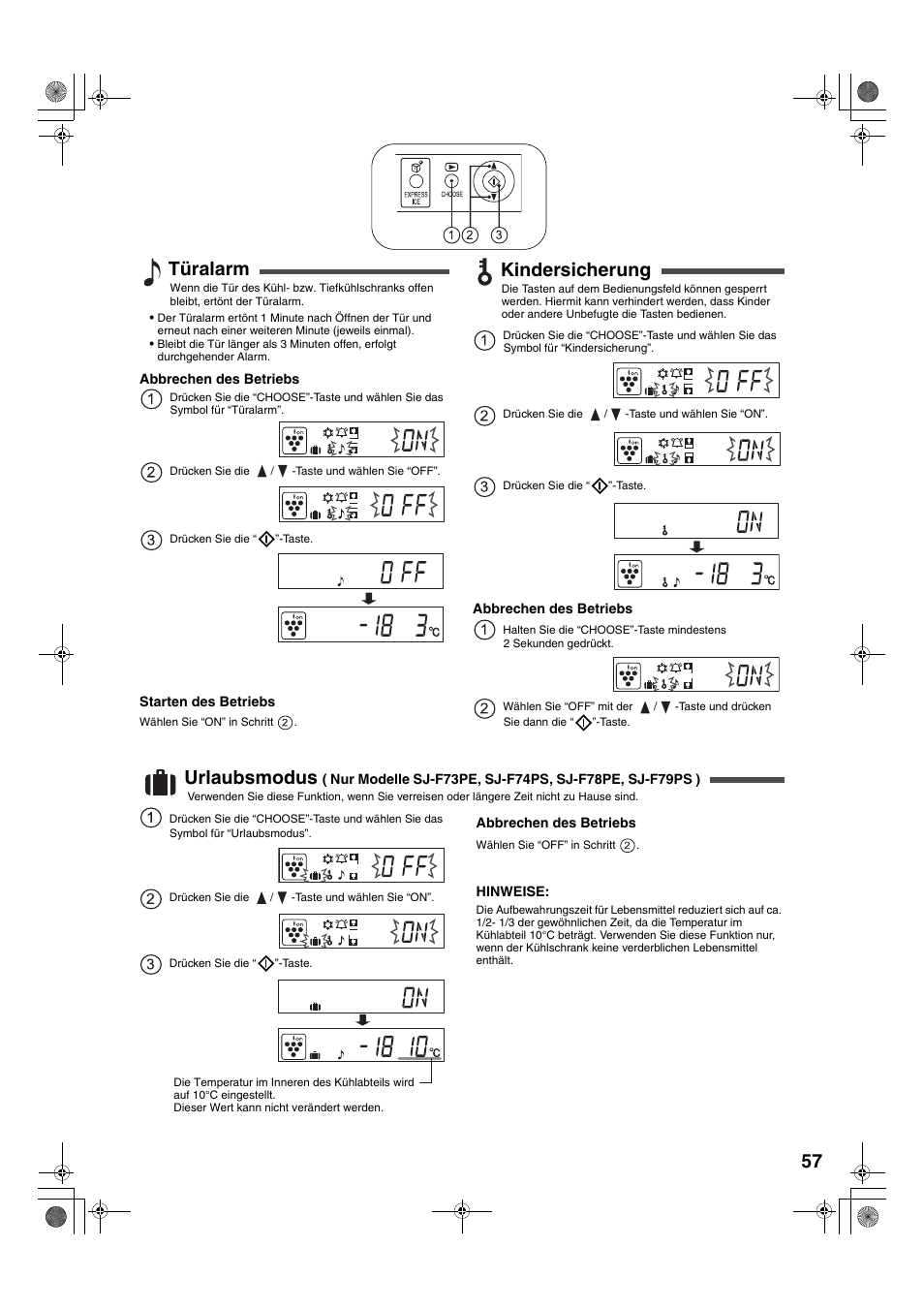 Türalarm, Kindersicherung, Urlaubsmodus | Sharp SJ-F78PESL User Manual | Page 57 / 156